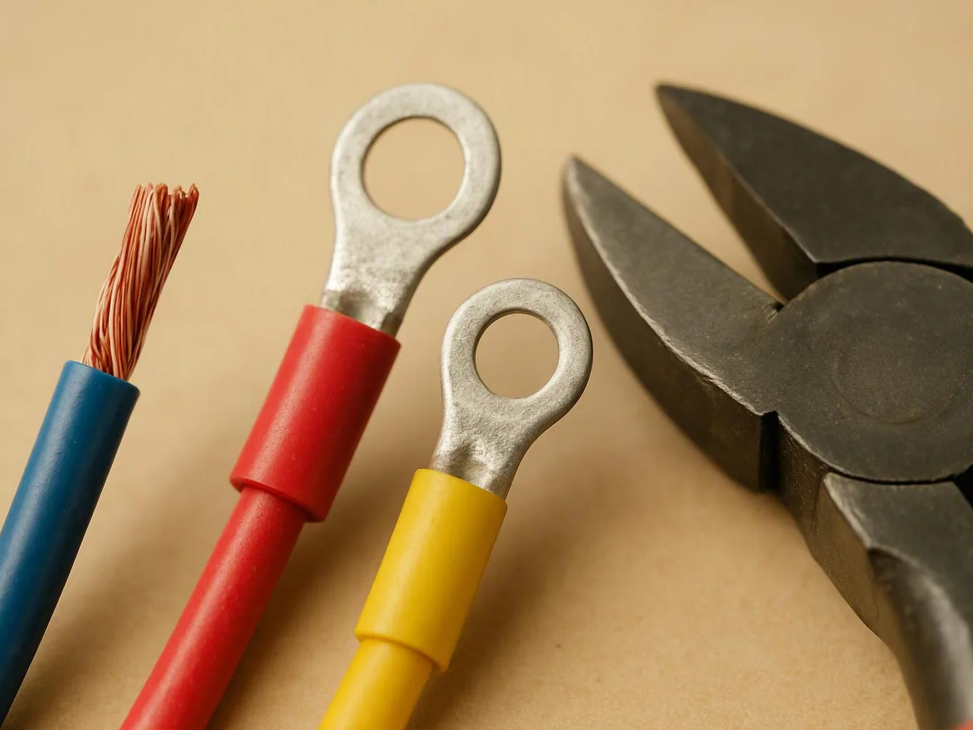 Three colored electrical wires lie beside metal ring terminals and a pair of cutting pliers