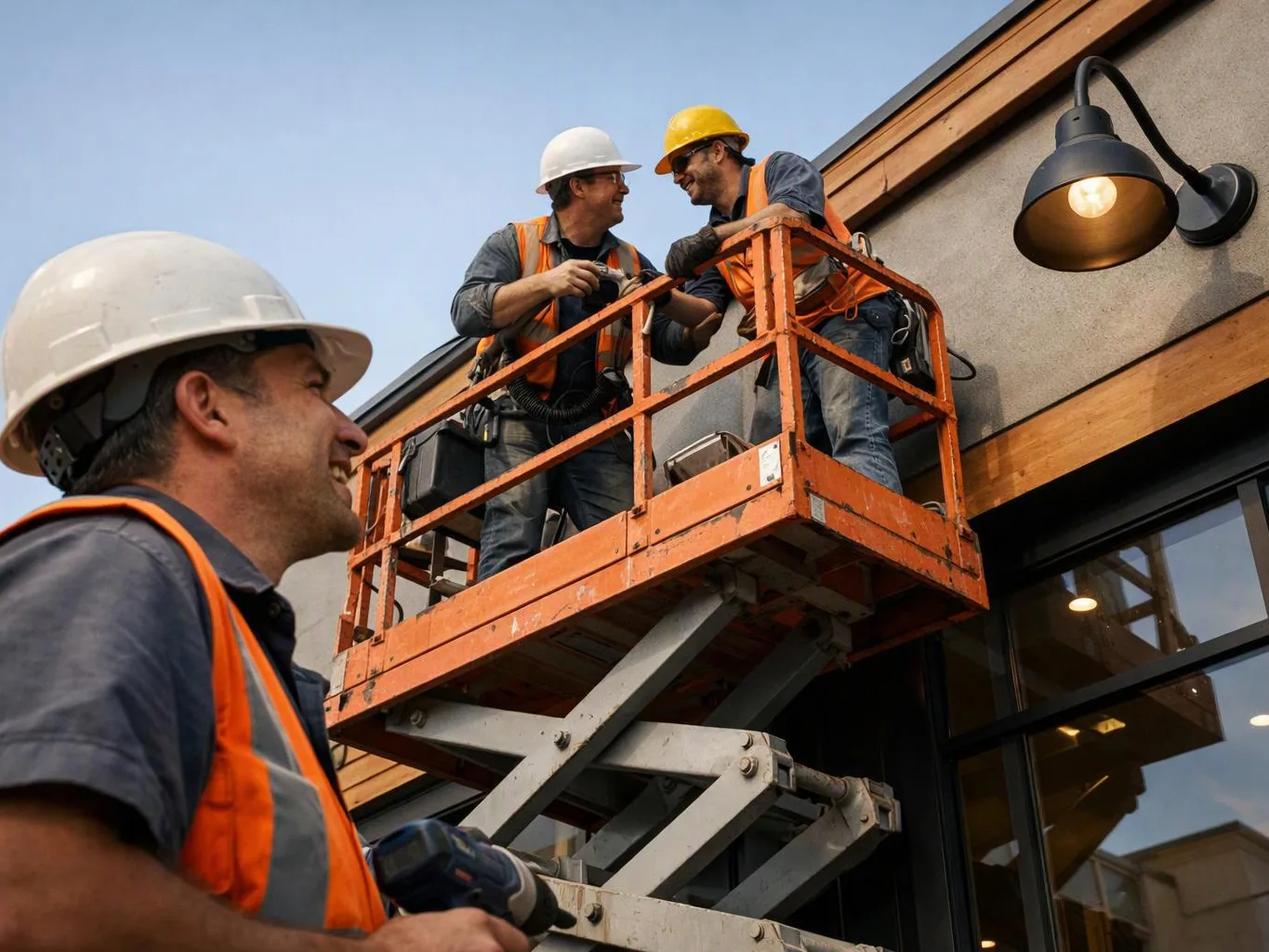Three construction workers in hard hats stand on a lift basket beside a building wall and lamp