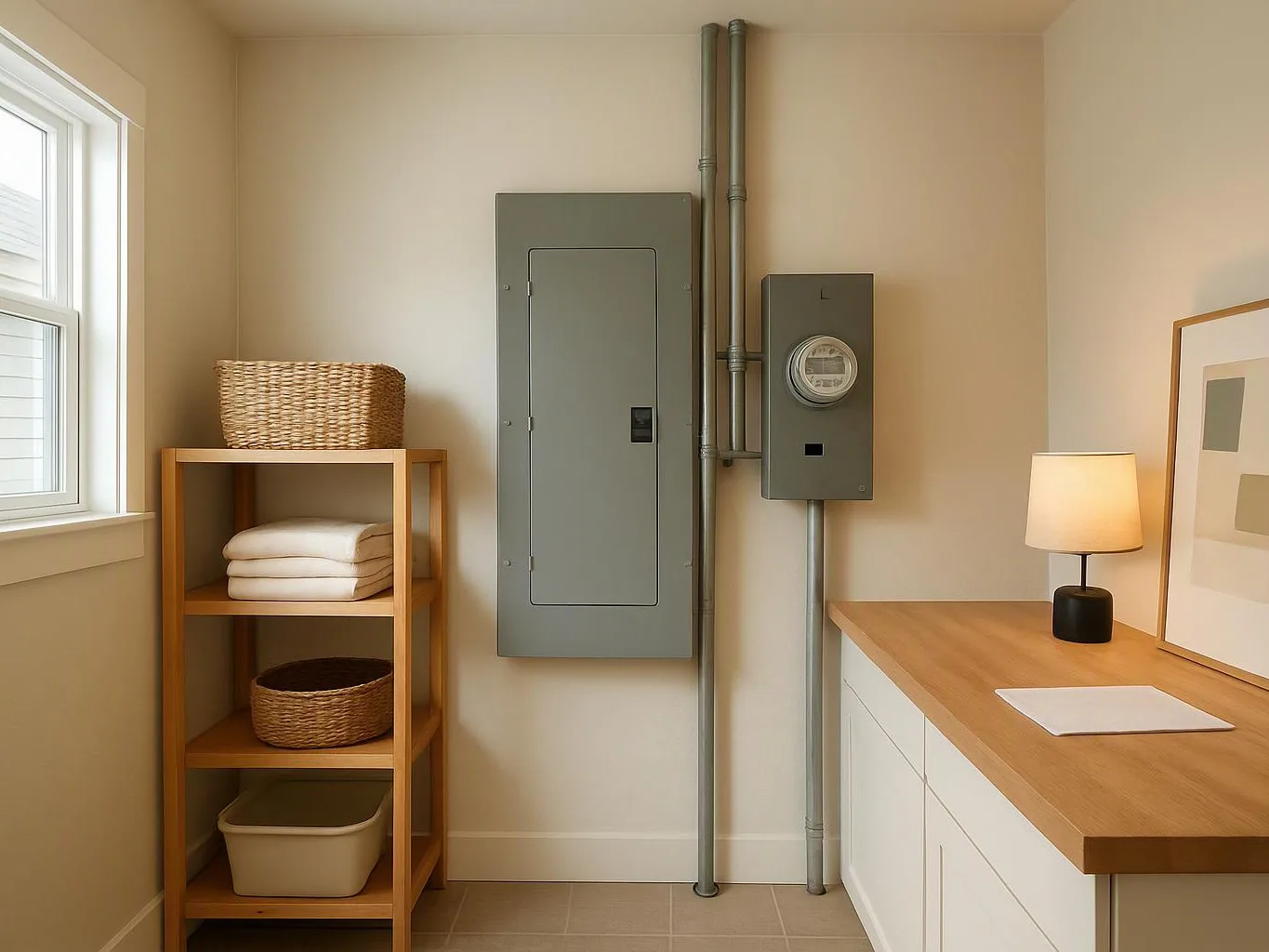 A tidy utility room shows electrical panels, a shelf of baskets and towels, a lamp, and a countertop by a window