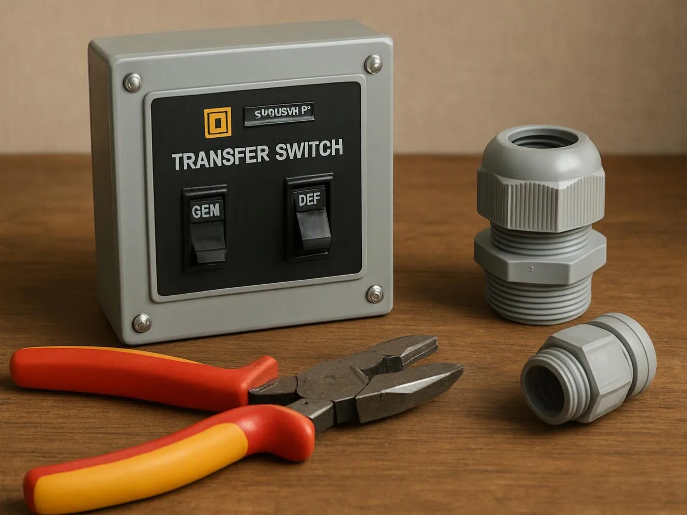 A transfer switch box sits on a wooden table beside pliers and gray electrical fittings