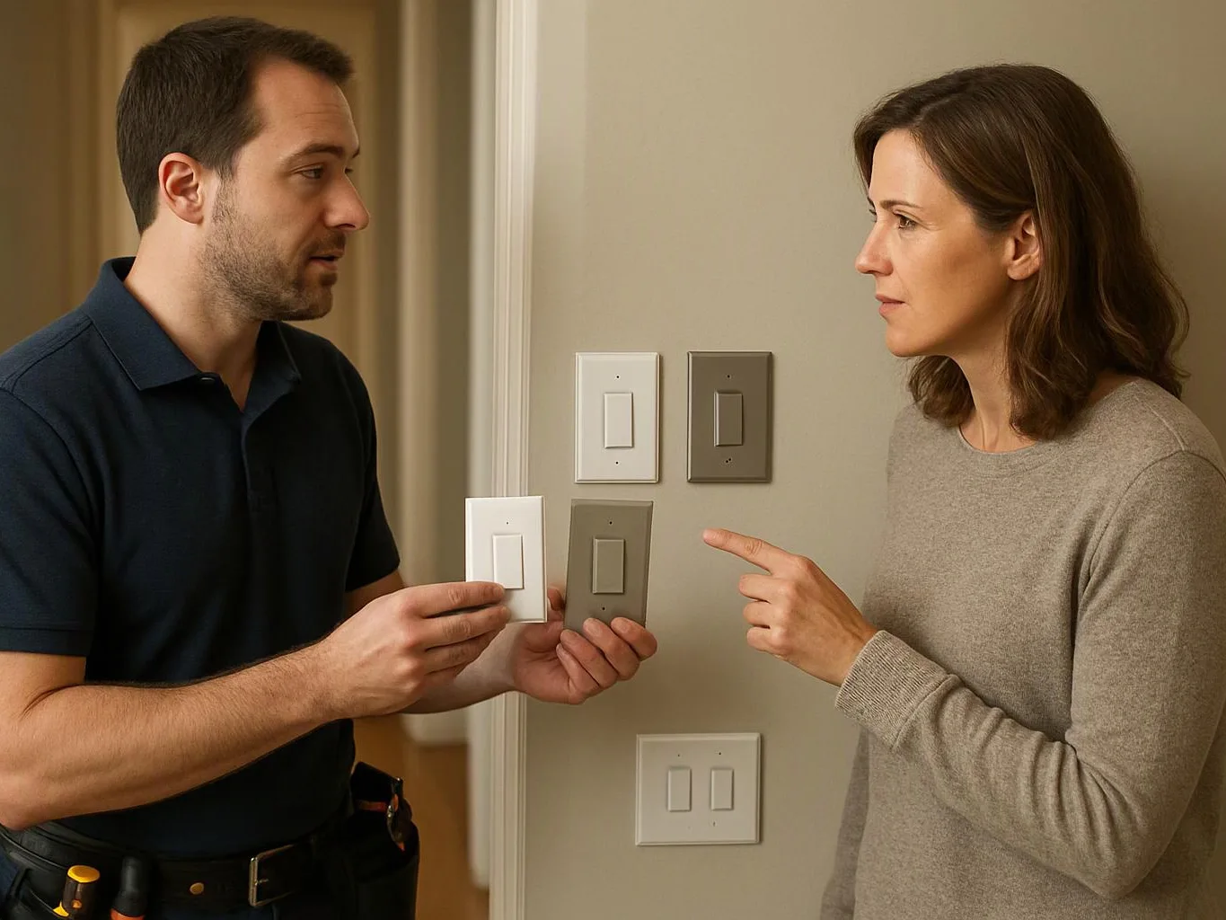Two adults compare wall light switches in a hallway
