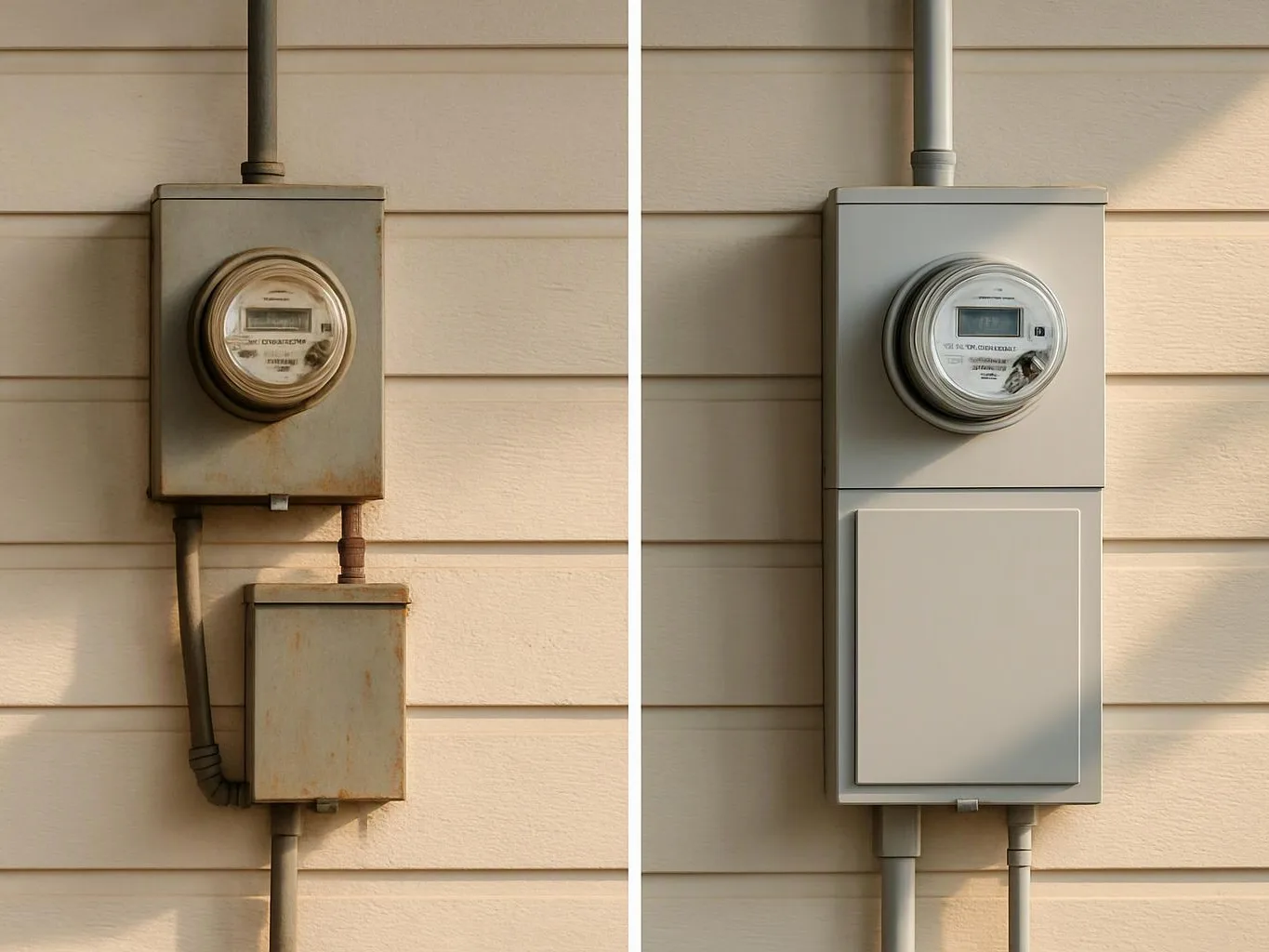 Two electric meter boxes are mounted on a beige siding wall, one rusty and one freshly painted