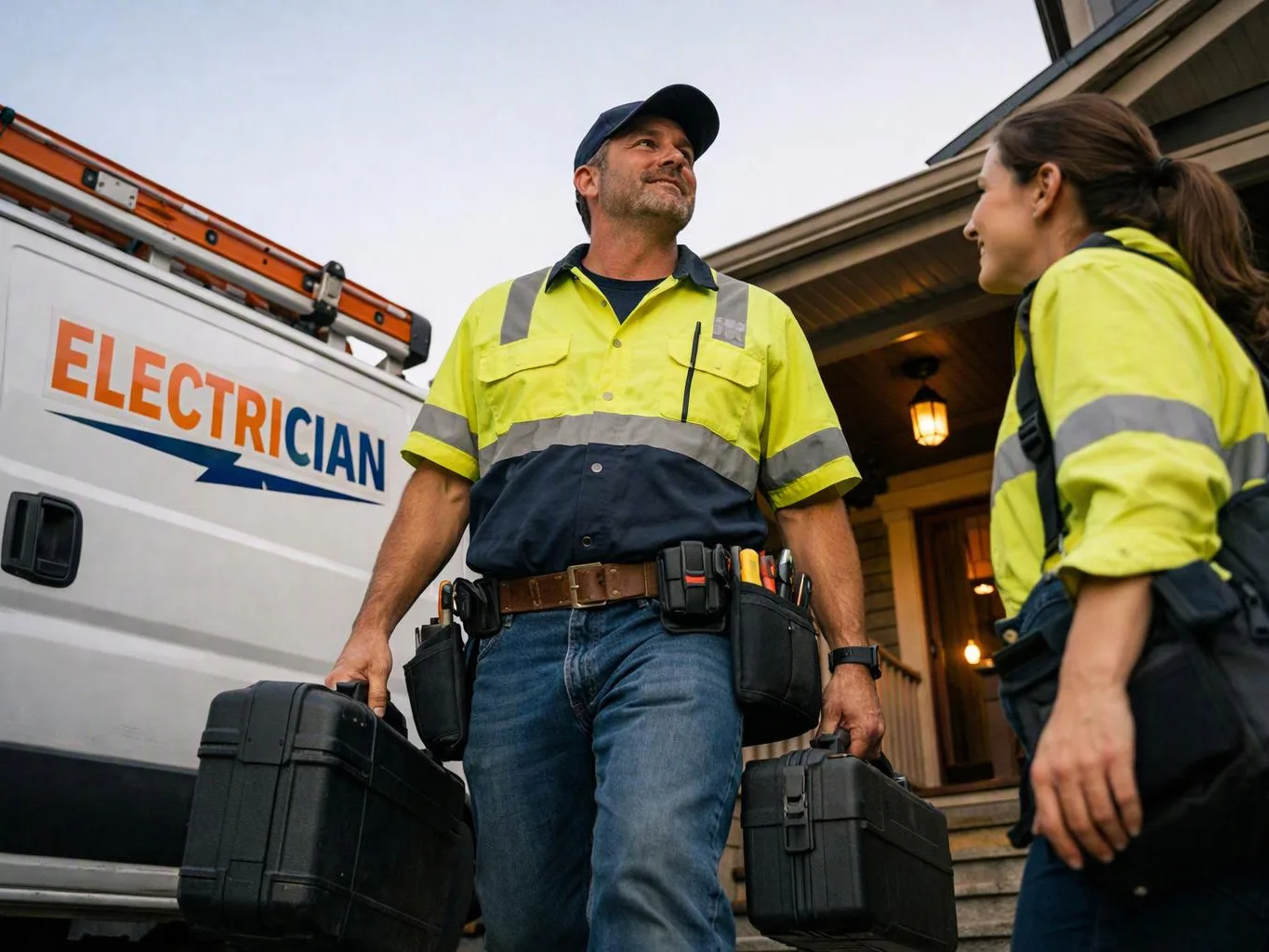 Two electricians in safety shirts carry tool cases beside a service van outside a house