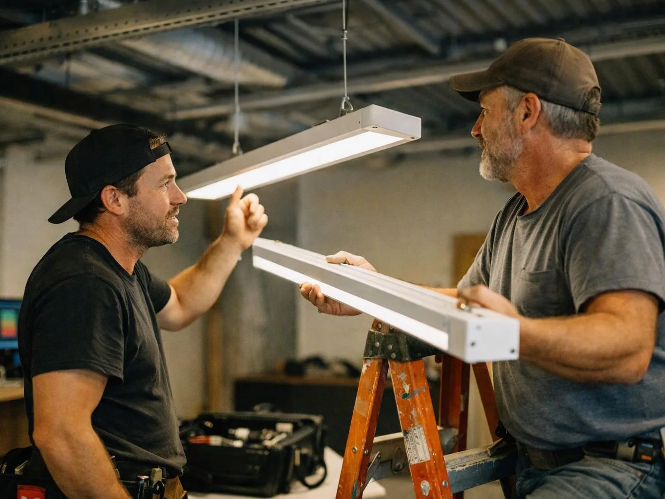 Two men in caps compare hanging light fixtures inside a workshop, with a ladder in front of them