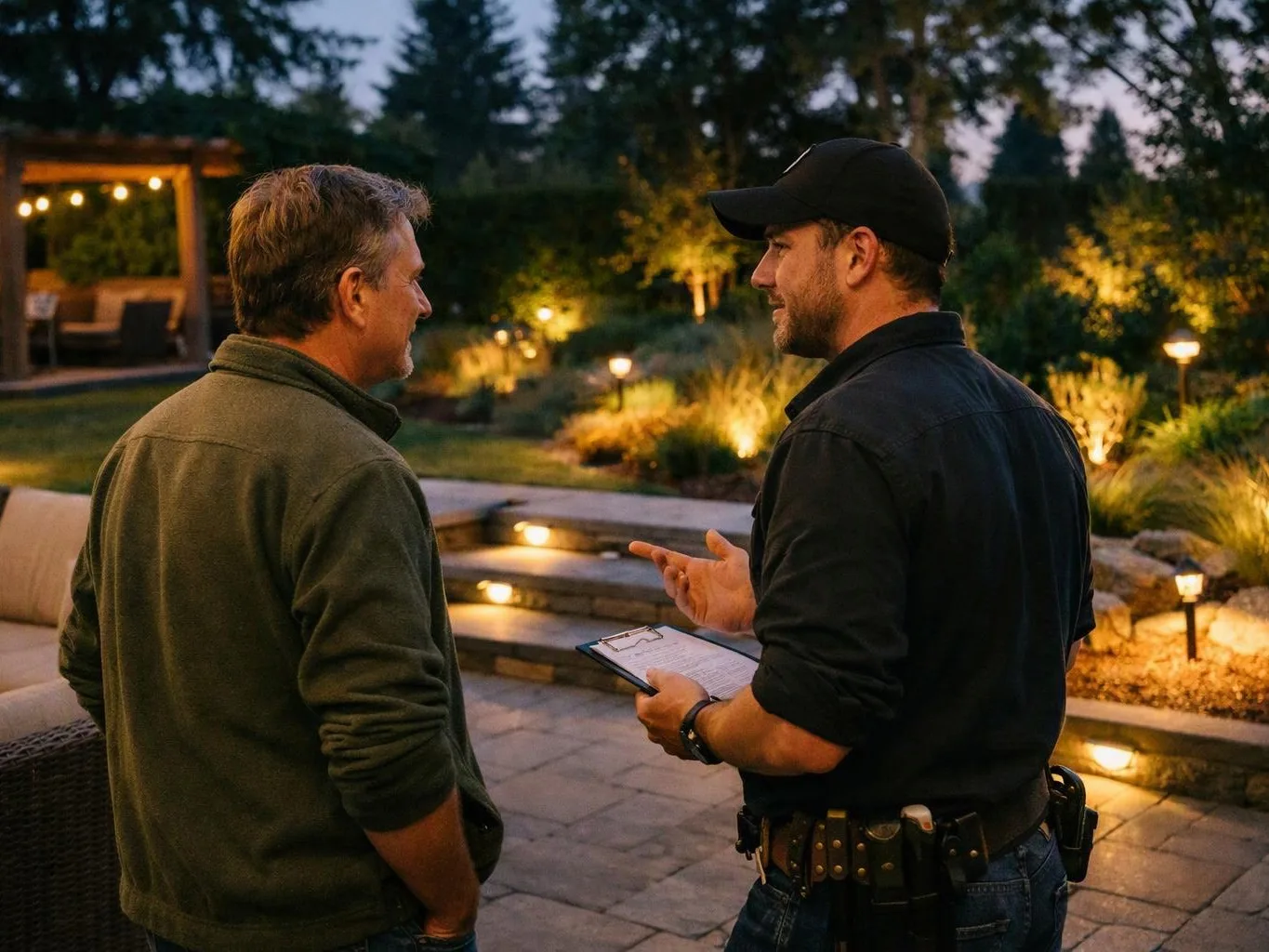 Two men talk in a lit backyard patio, one holding a clipboard while the other listens