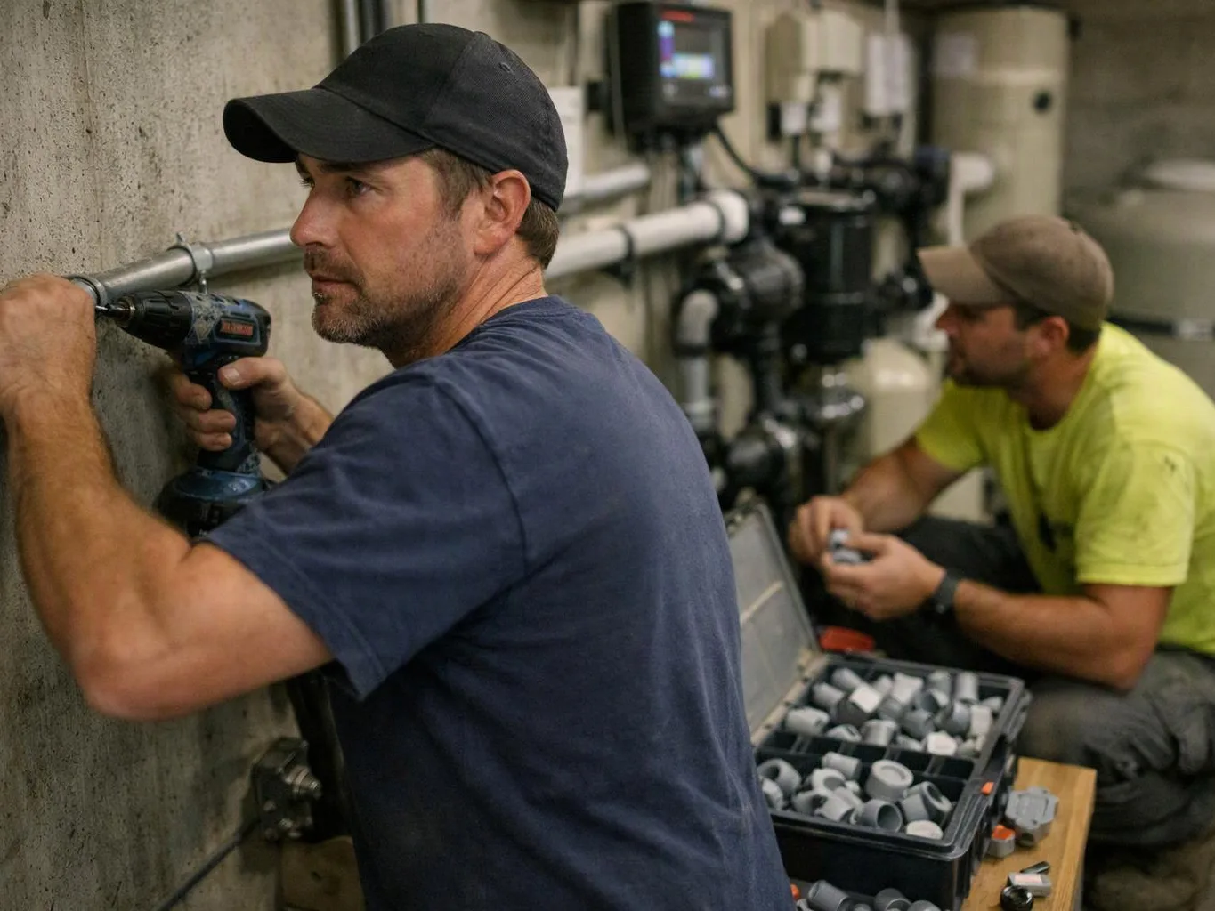 Two men work on metal pipes in a utility room, one drilling while the other sorts fittings
