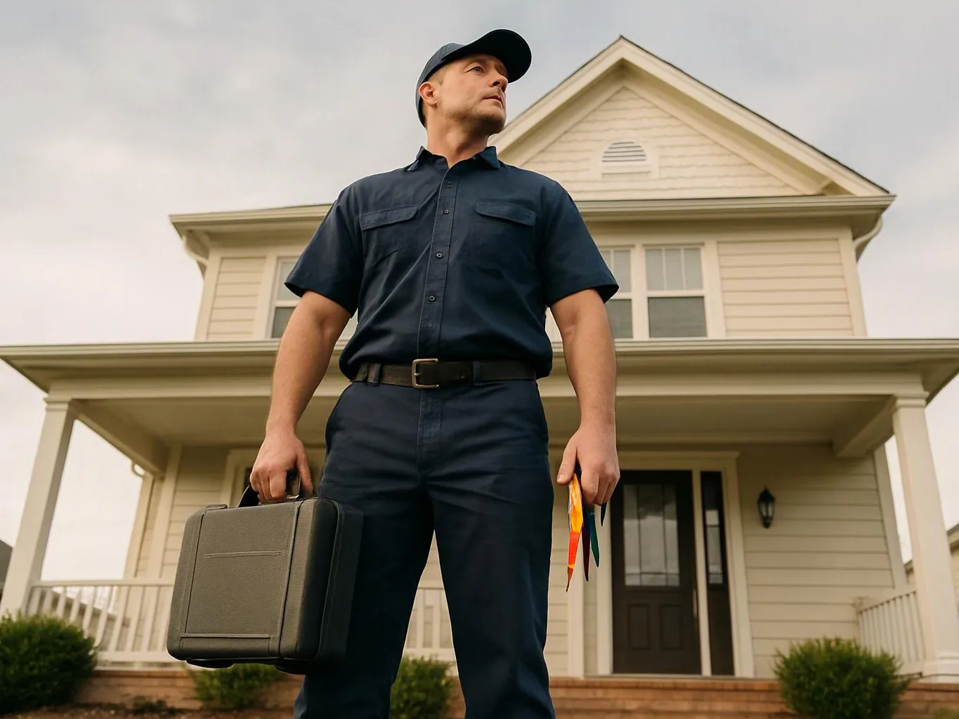 A uniformed man stands in front of a beige house, holding a hard case and colorful ribbons