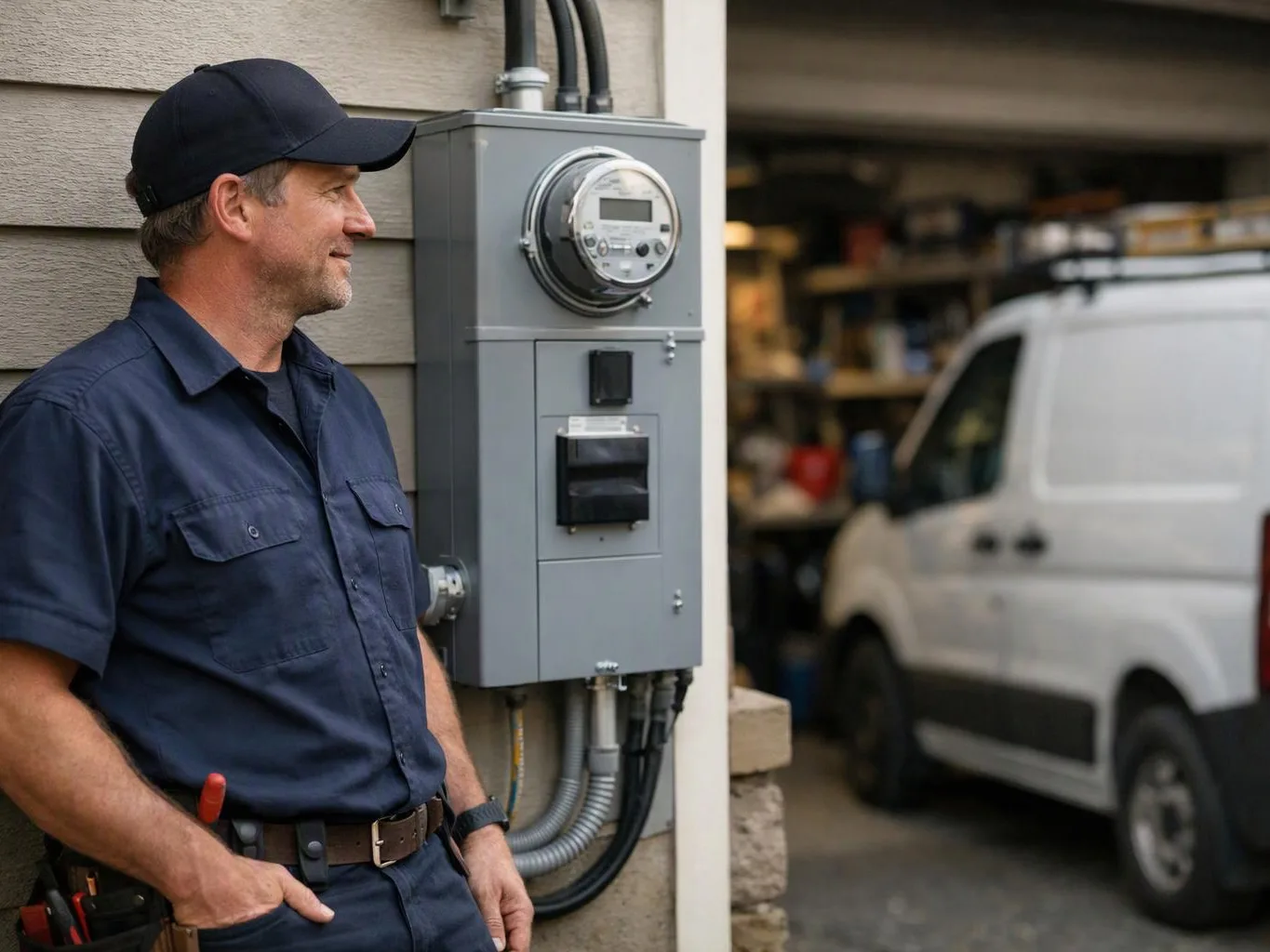 A uniformed technician stands beside an electric meter and gray panel, with a white van parked in the open garage behind him