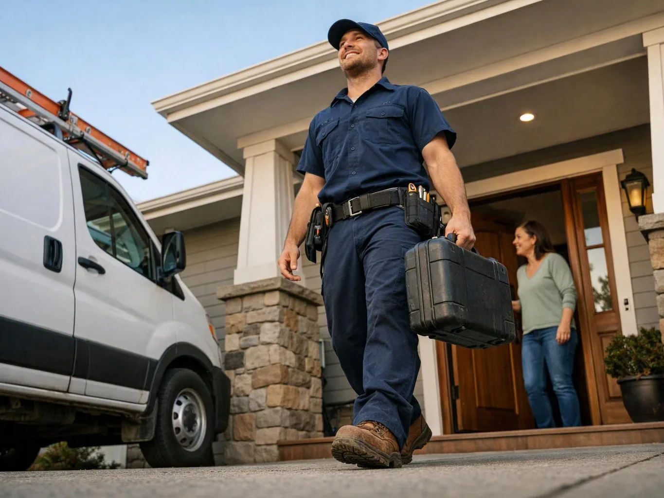 A uniformed technician walks from a house carrying a toolbox, with a van parked beside the driveway