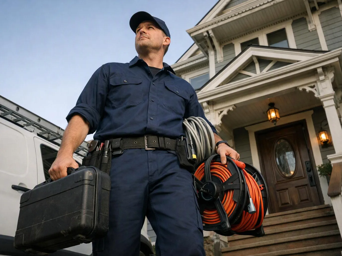 A utility worker carries a toolbox and coiled cables while standing in front of a house
