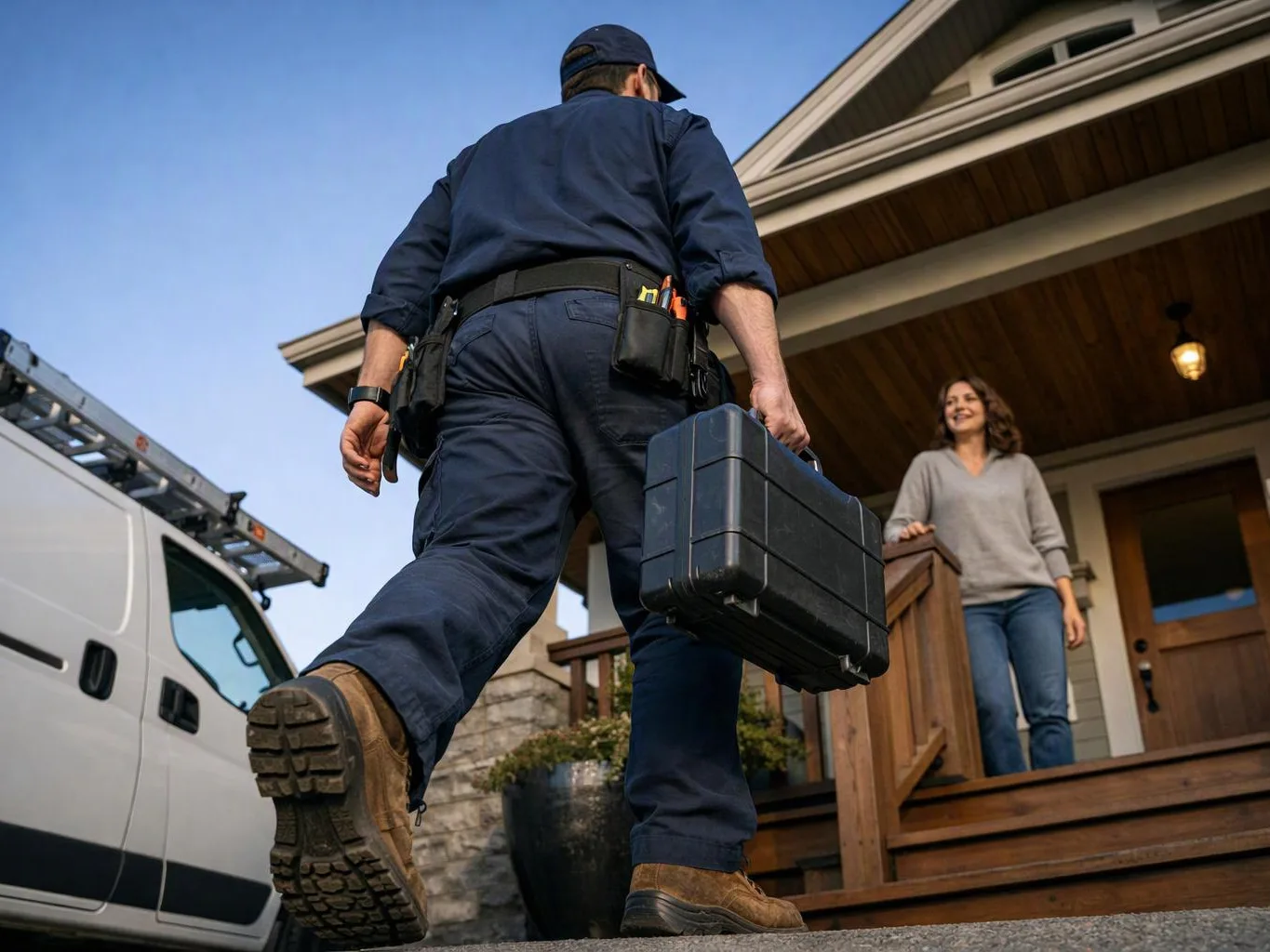 A utility worker carries a toolbox up a porch while a smiling woman waits by the door