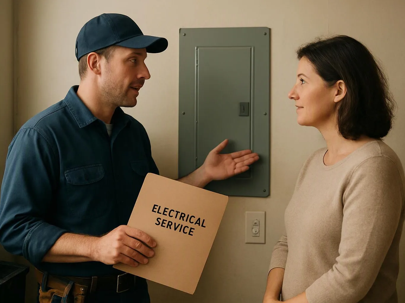 A utility worker holds an electrical service folder while talking to a woman beside a wall panel