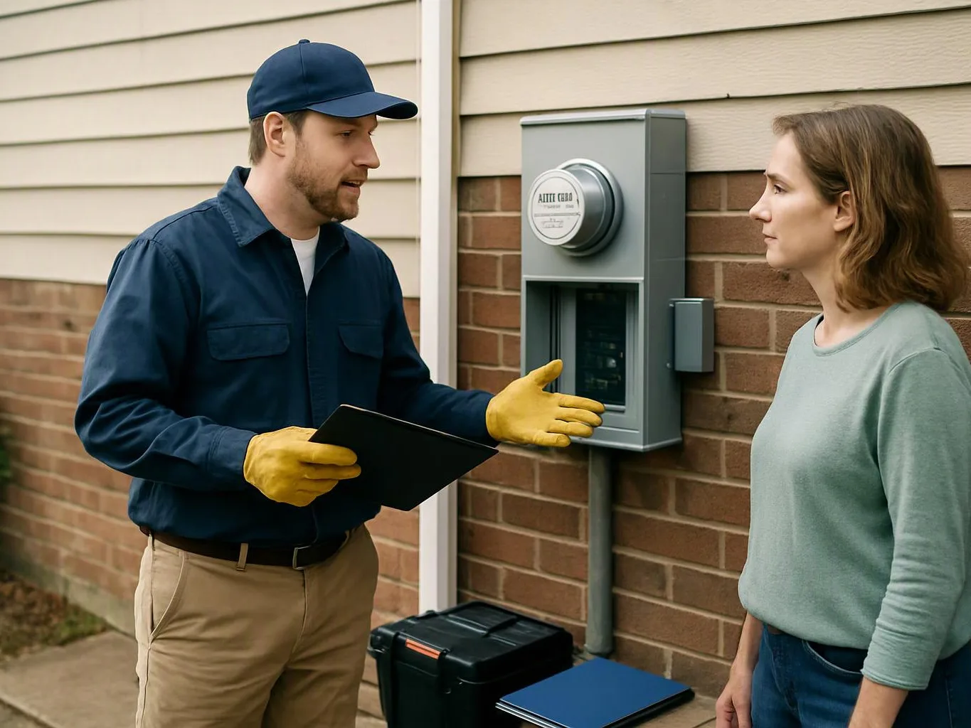 A utility worker in yellow gloves talks with a woman beside an electrical meter on a brick wall