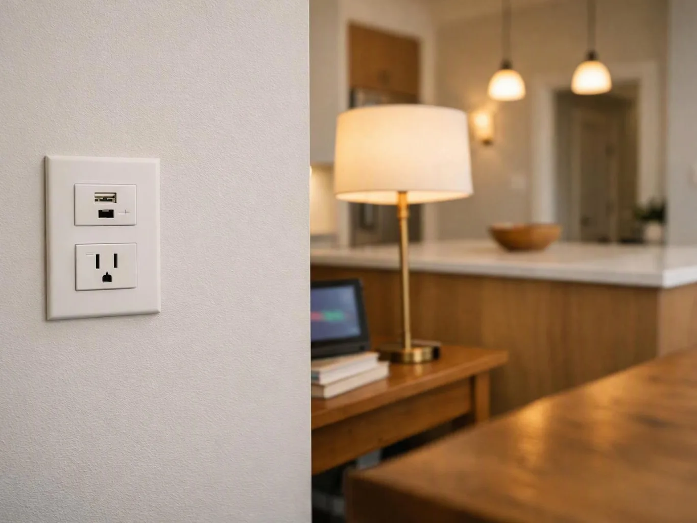 A wall outlet and USB port sit beside a warm lamp in a softly lit room