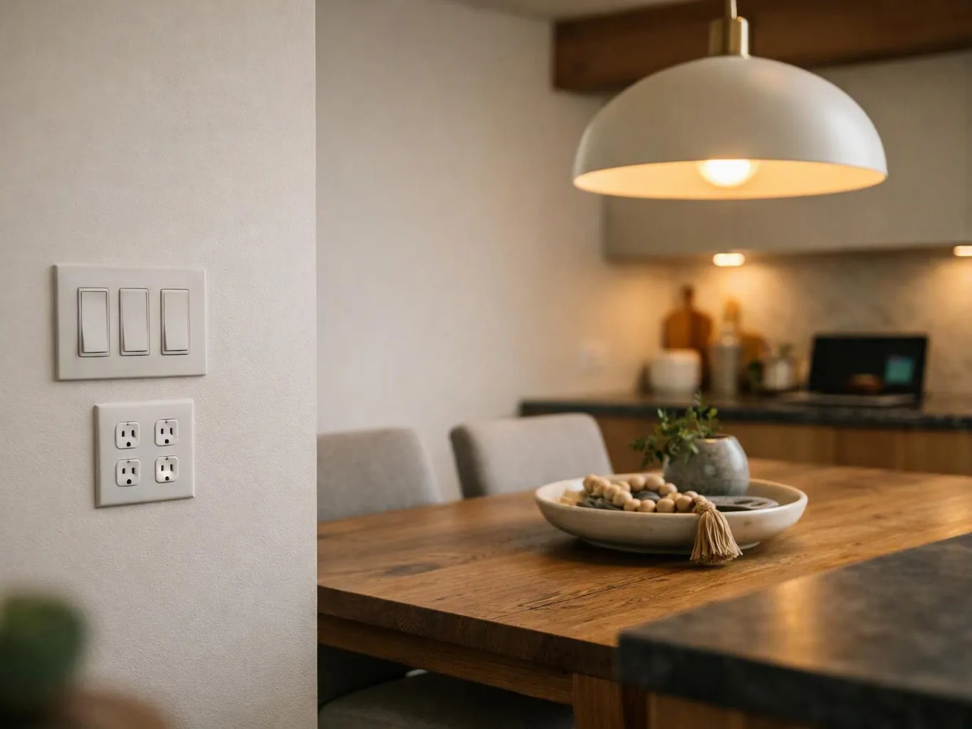 A warm kitchen shows a wooden dining table, pendant light, and wall switches beside a blurred cooking area