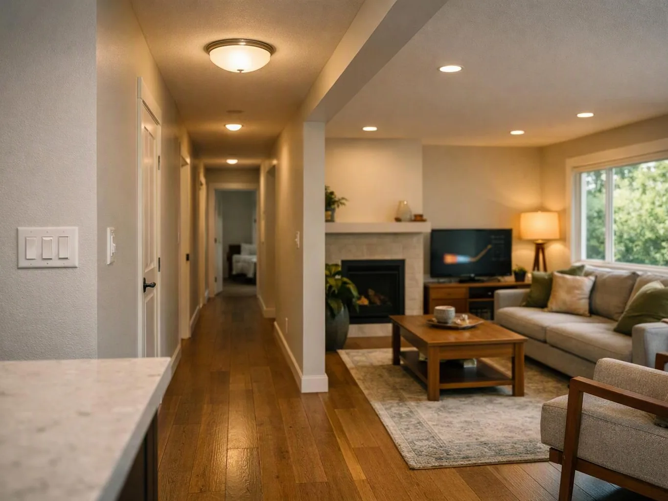 A warm living room opens off a hallway, with a sofa, coffee table, fireplace, TV, and window light