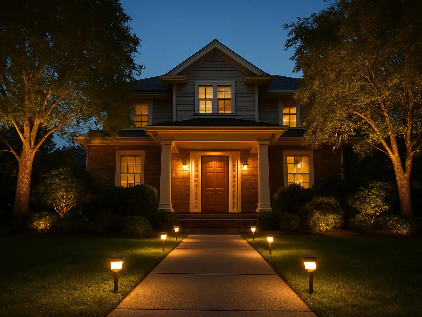 A warmly lit two-story house stands at dusk, with a front walkway lined by glowing garden lights and trees framing the yard