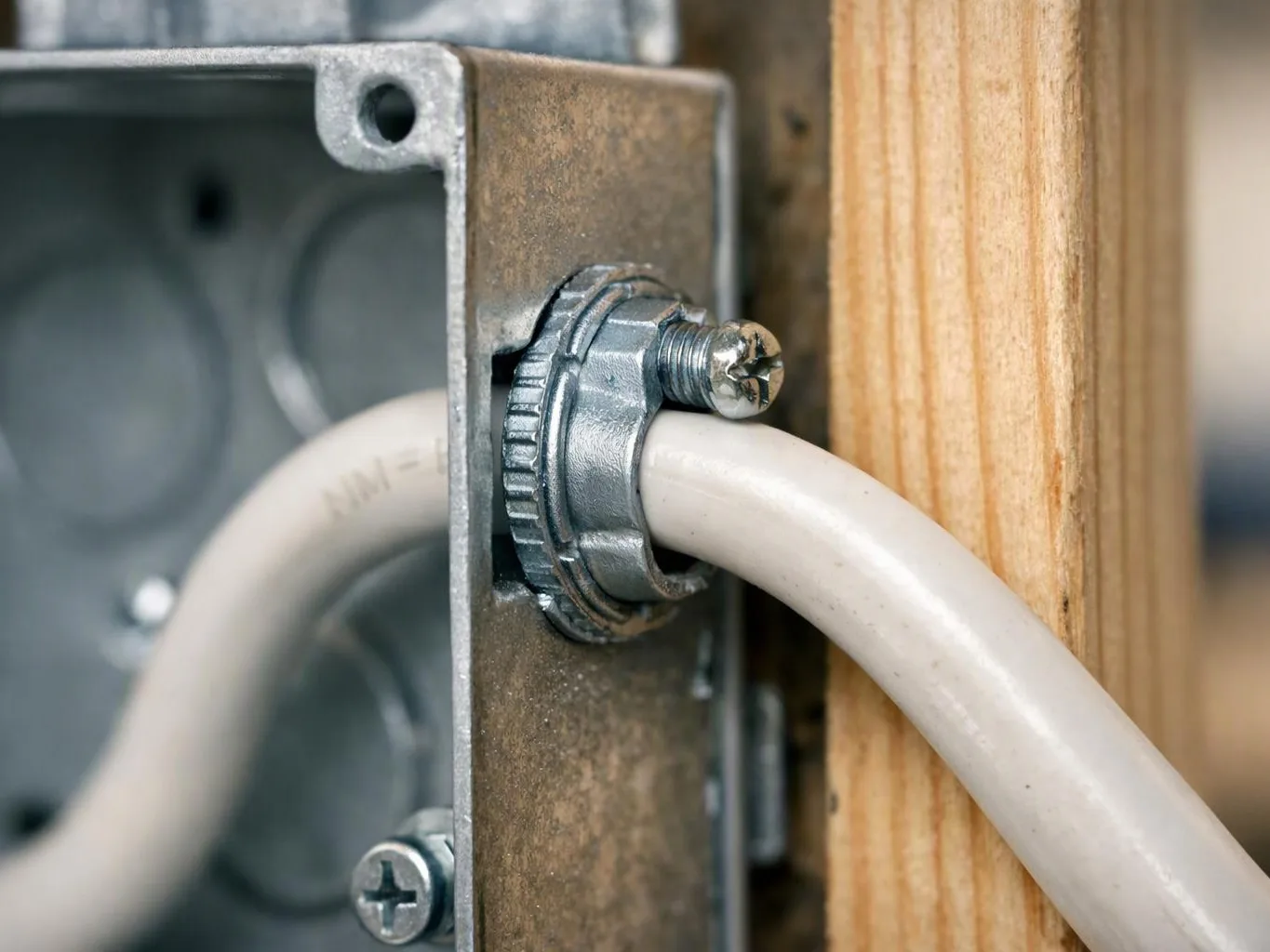 White cable passes through a metal conduit box beside a wooden stud