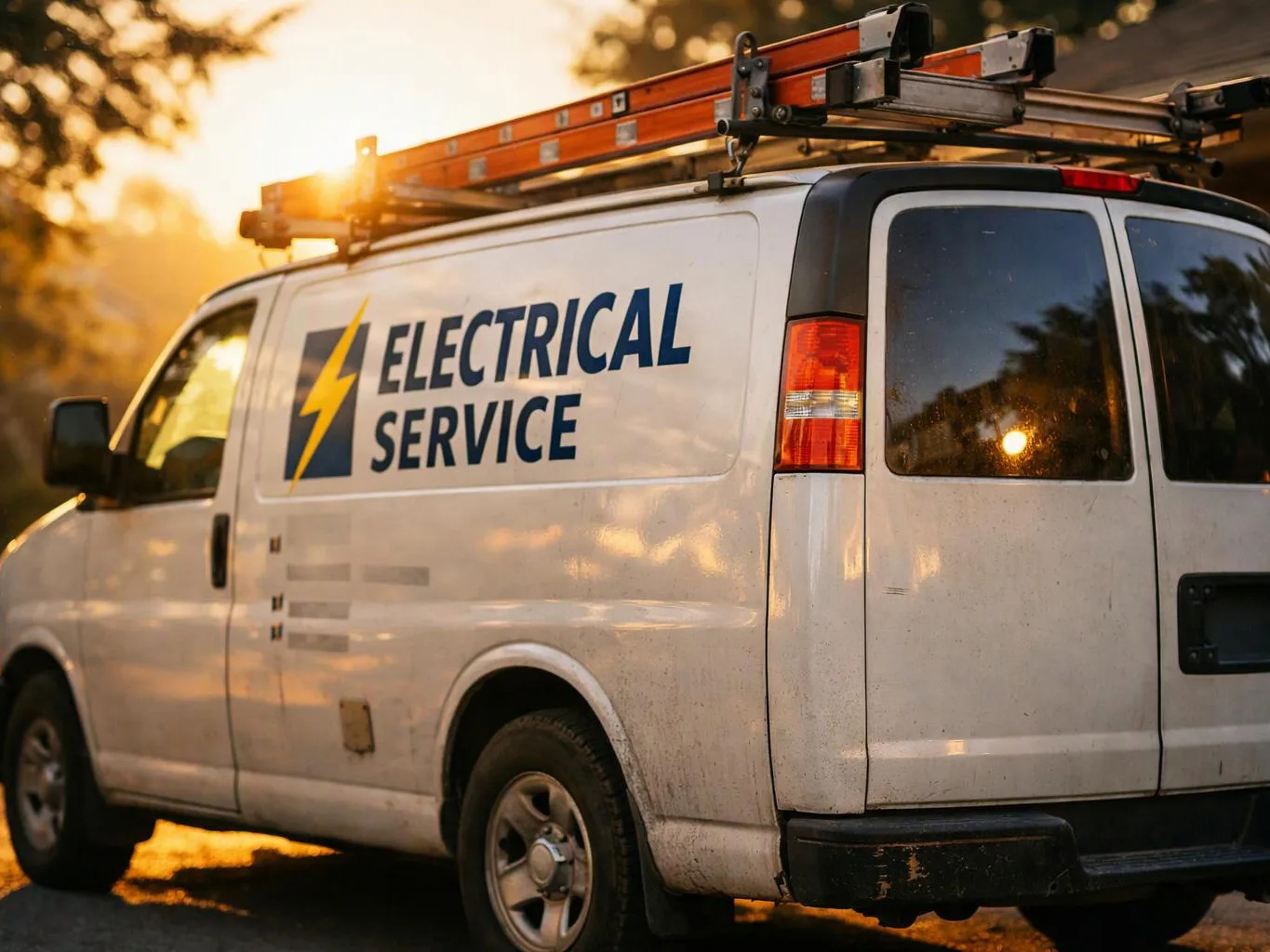 A white service van with a ladder rack sits in warm sunlight, showing the words “ELECTRICAL SERVICE” on its side