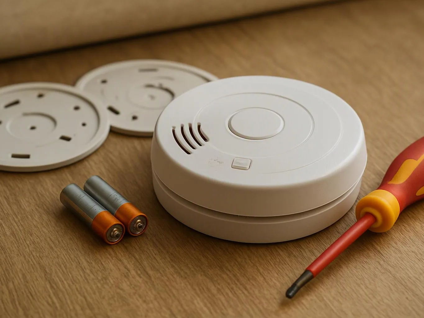 A white smoke detector sits on a wooden table beside batteries, screwdrivers, and spare mounting plates