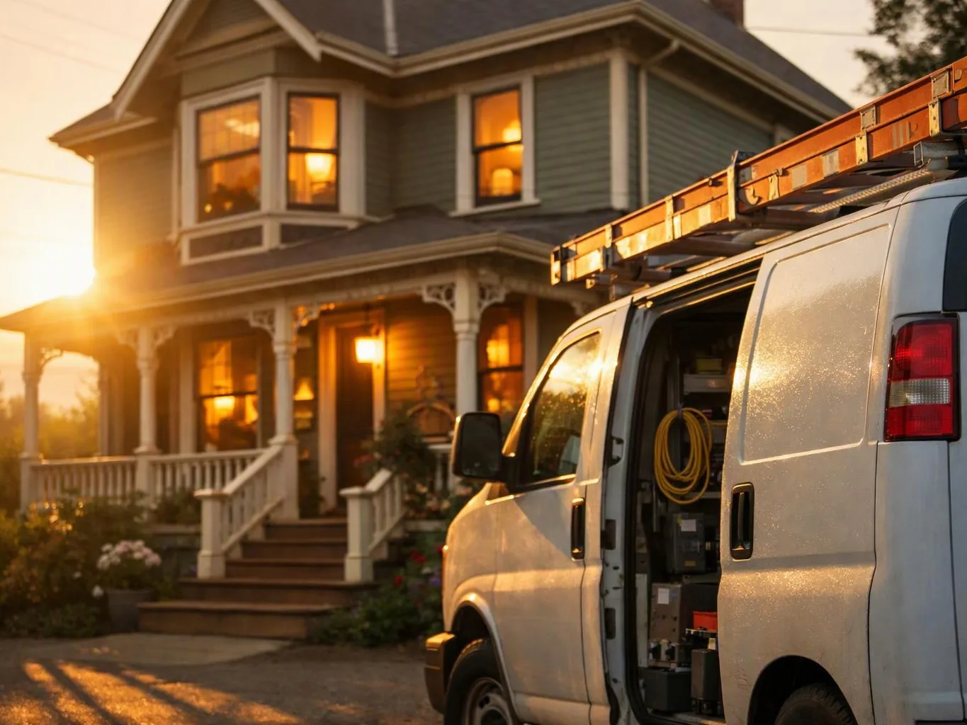 A white work van with ladders sits beside a house glowing in warm sunset light