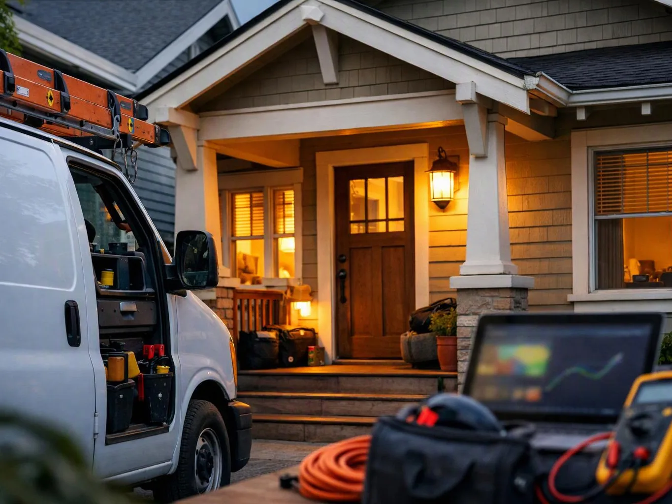 A white work van with open side shelves is parked by a warmly lit house porch at dusk