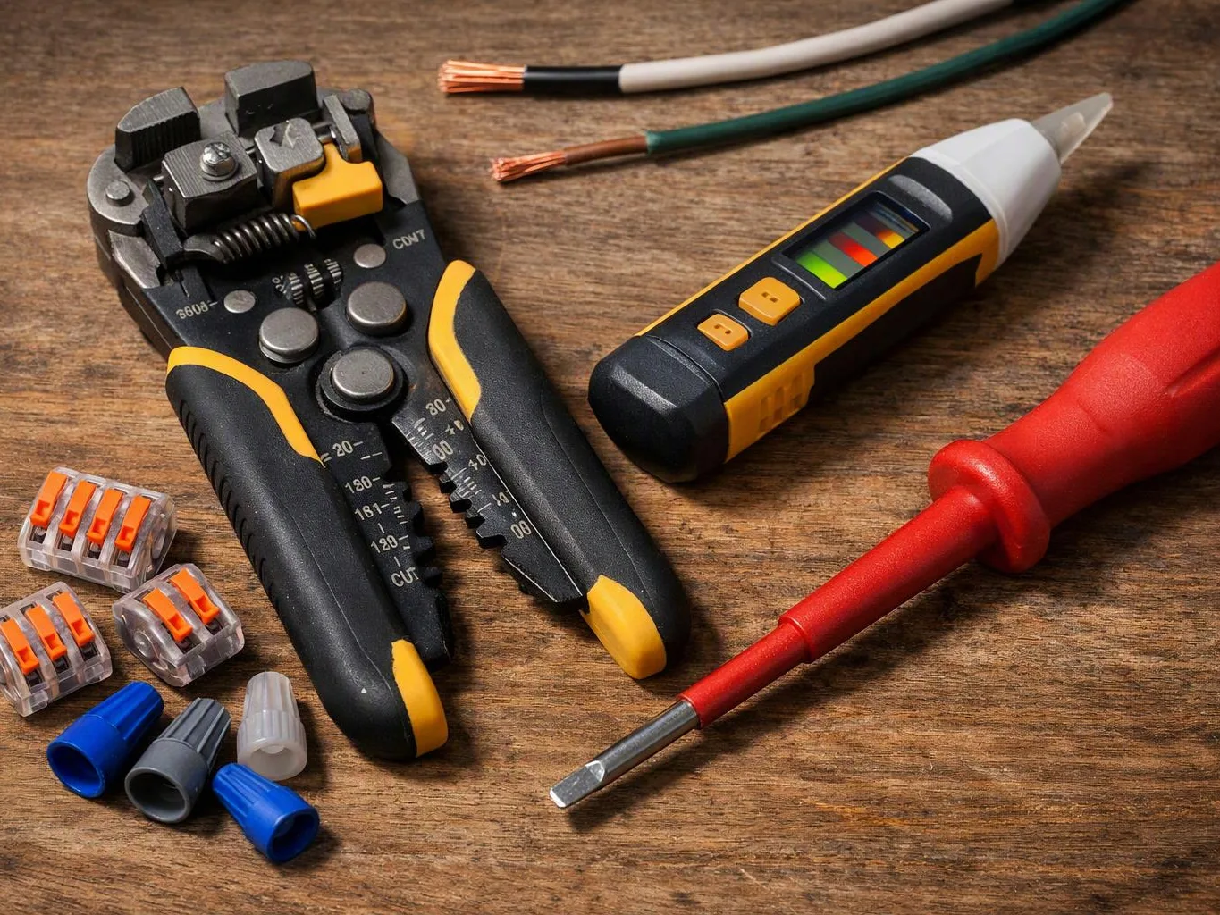 Wire strippers, a voltage tester, a screwdriver, wire nuts, and cut copper wires rest on a wooden surface