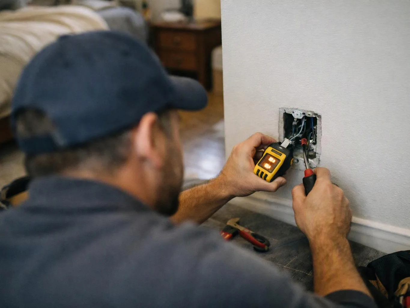 A worker in a cap repairs exposed wiring in a wall outlet with a yellow tester and screwdriver