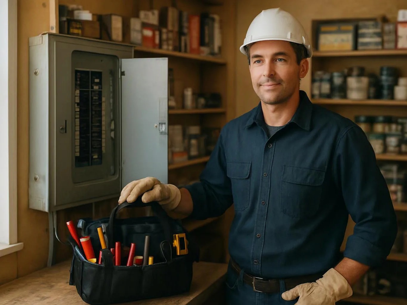 A worker in a hard hat stands by an open electrical panel with a tool bag on a shelf-lined wall
