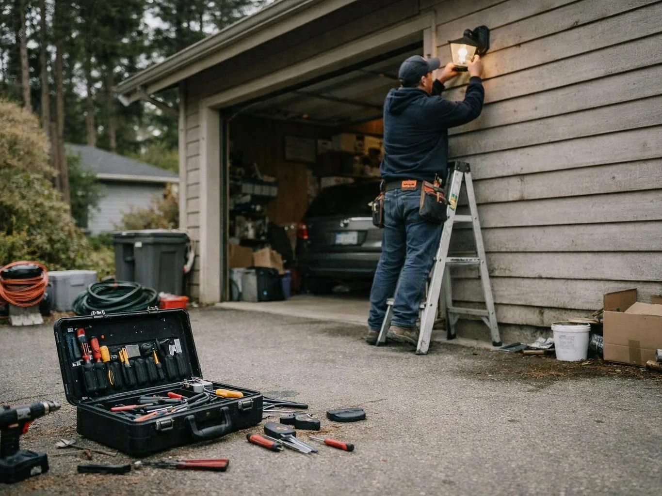 A worker stands on a ladder fixing an outdoor wall light beside an open garage, with tools spread on the driveway