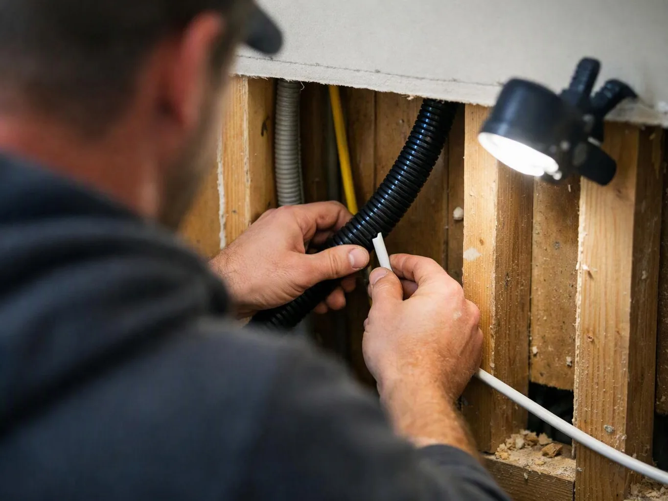A worker threads a white cable through exposed wooden studs beside a lit work lamp