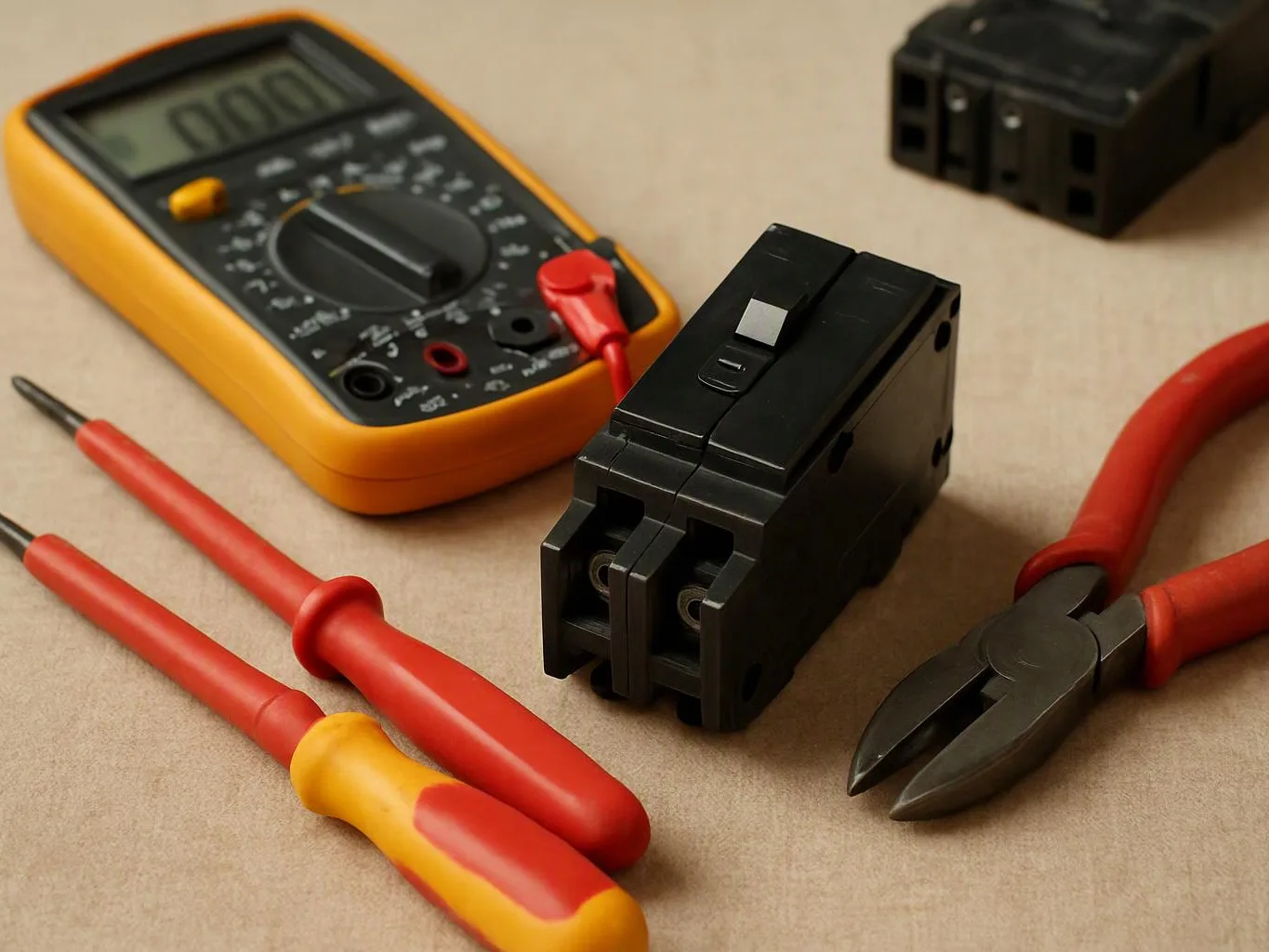 A yellow multimeter, insulated screwdrivers, pliers, and black electrical parts lie on a beige surface