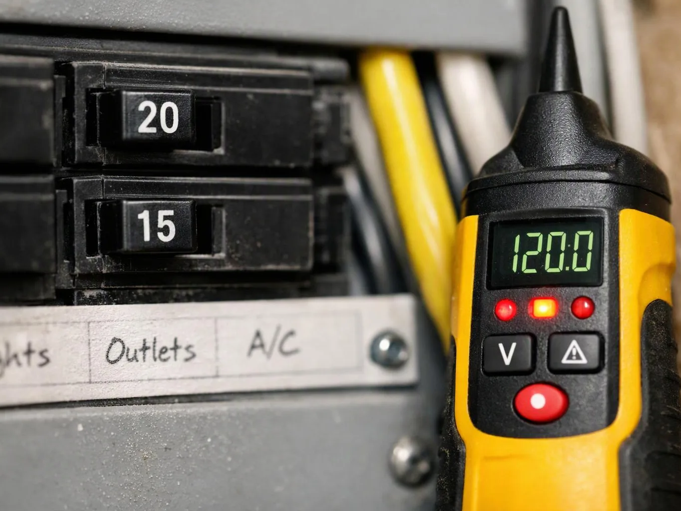 A yellow voltage tester stands beside circuit breakers in an electrical panel, with labels and numbers visible
